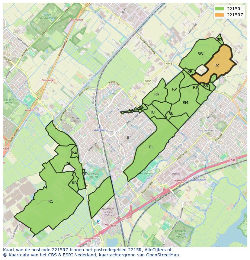 Afbeelding van het postcodegebied 2215 RZ op de kaart.