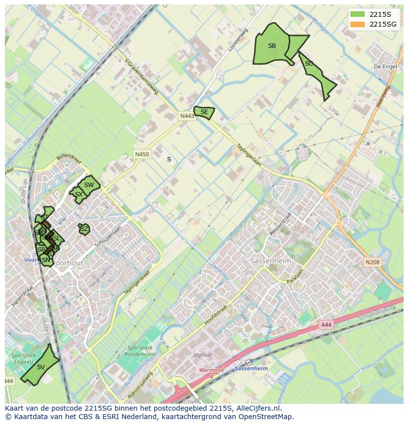 Afbeelding van het postcodegebied 2215 SG op de kaart.