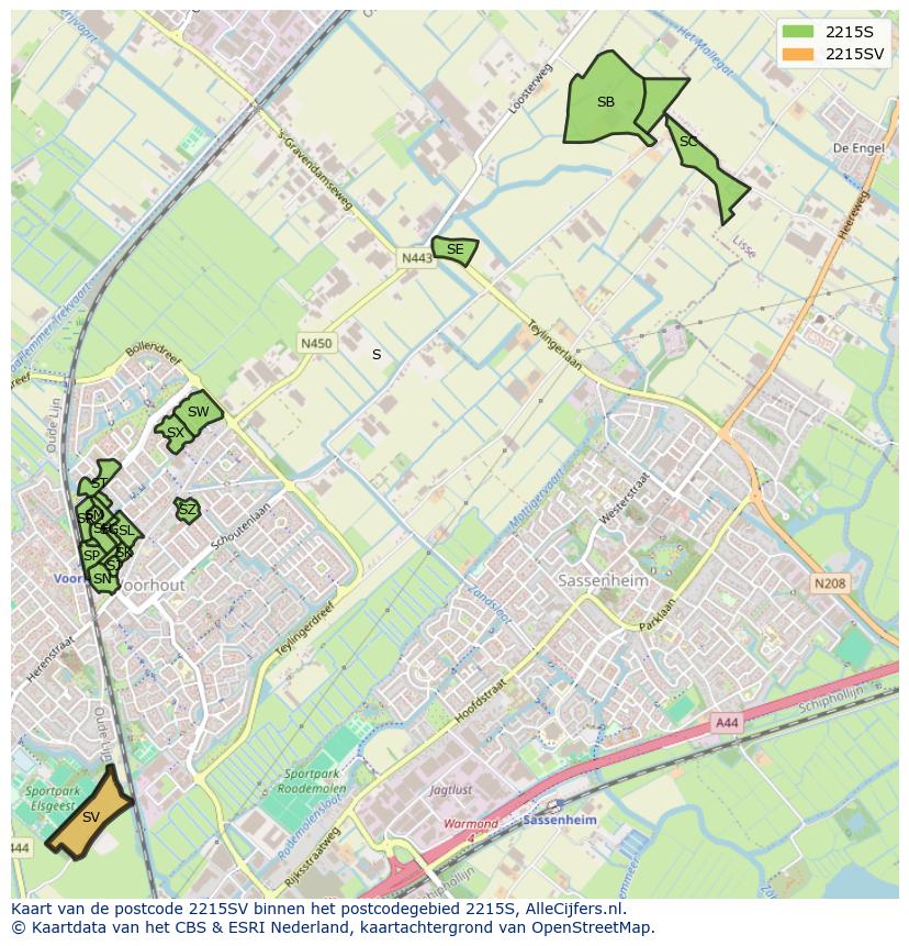 Afbeelding van het postcodegebied 2215 SV op de kaart.