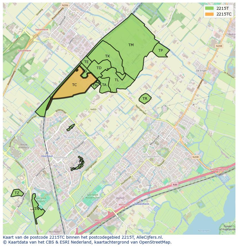 Afbeelding van het postcodegebied 2215 TC op de kaart.