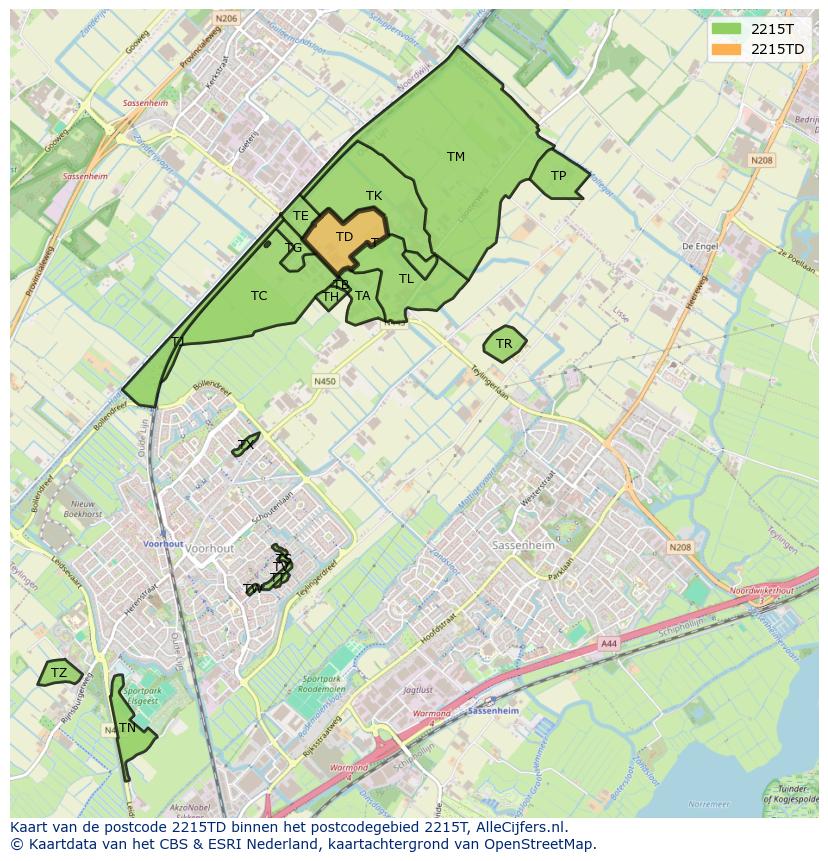 Afbeelding van het postcodegebied 2215 TD op de kaart.