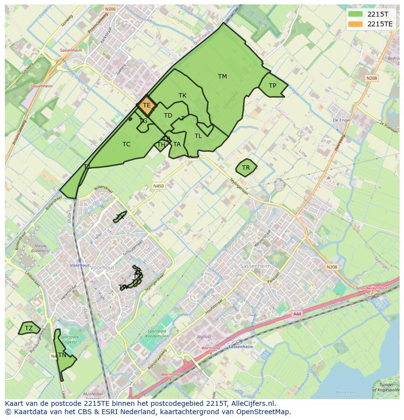 Afbeelding van het postcodegebied 2215 TE op de kaart.