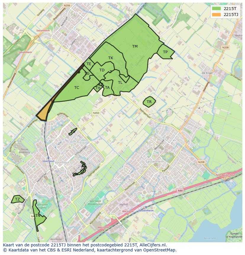 Afbeelding van het postcodegebied 2215 TJ op de kaart.