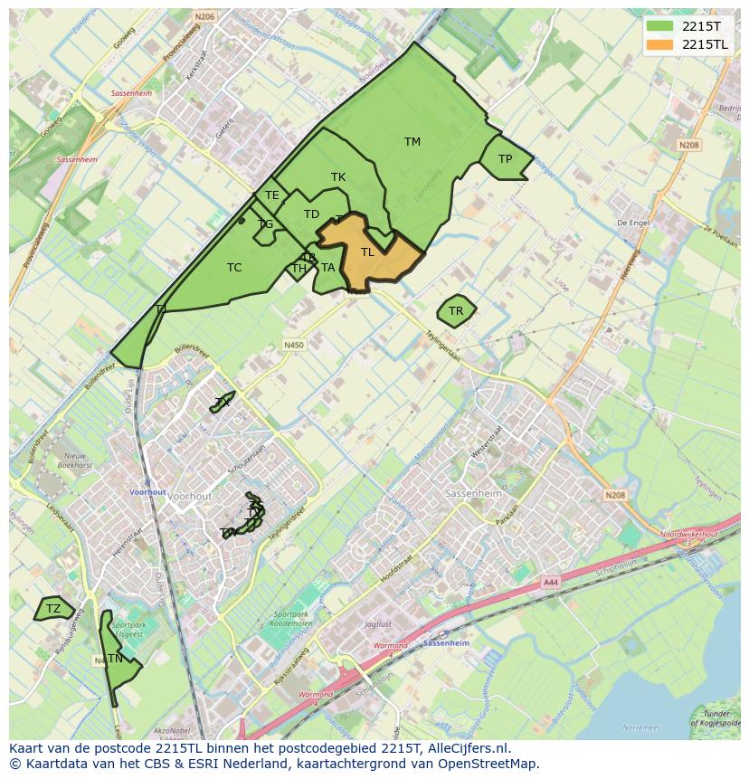 Afbeelding van het postcodegebied 2215 TL op de kaart.