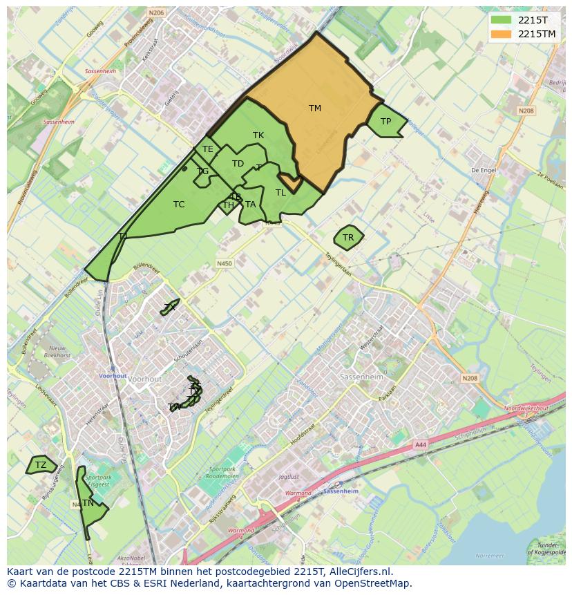 Afbeelding van het postcodegebied 2215 TM op de kaart.