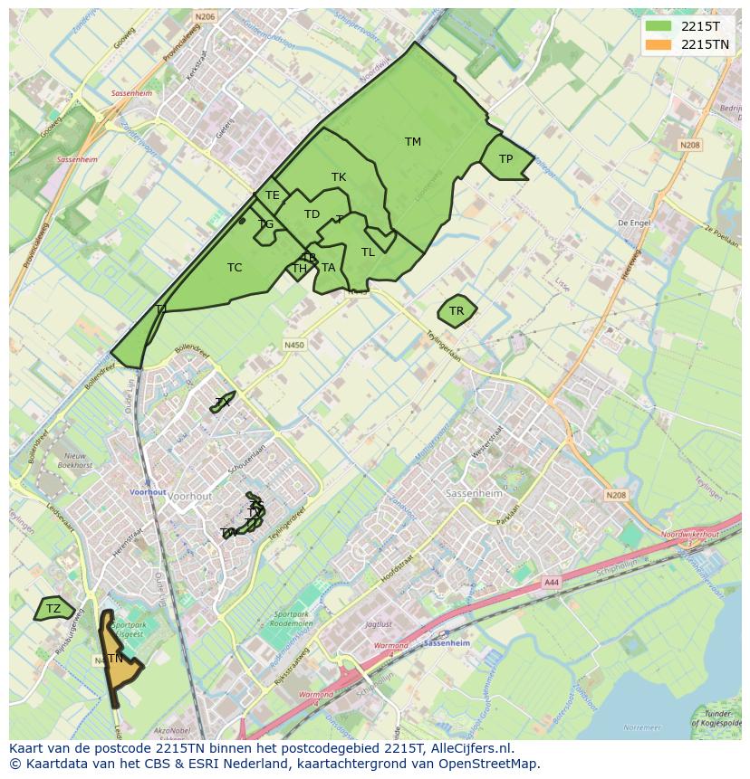 Afbeelding van het postcodegebied 2215 TN op de kaart.