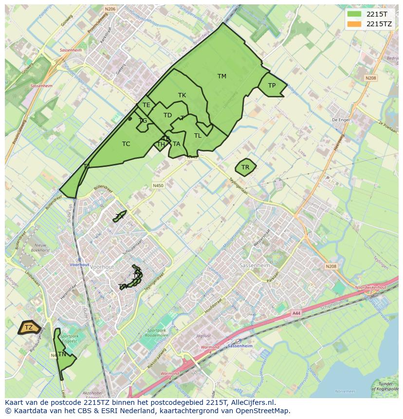 Afbeelding van het postcodegebied 2215 TZ op de kaart.