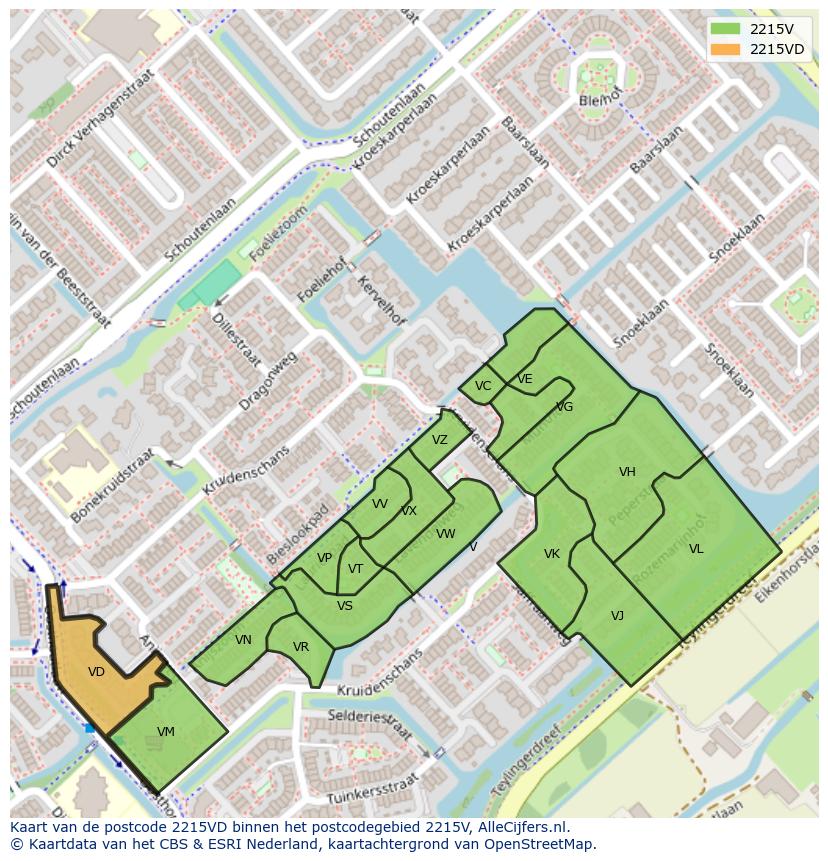 Afbeelding van het postcodegebied 2215 VD op de kaart.