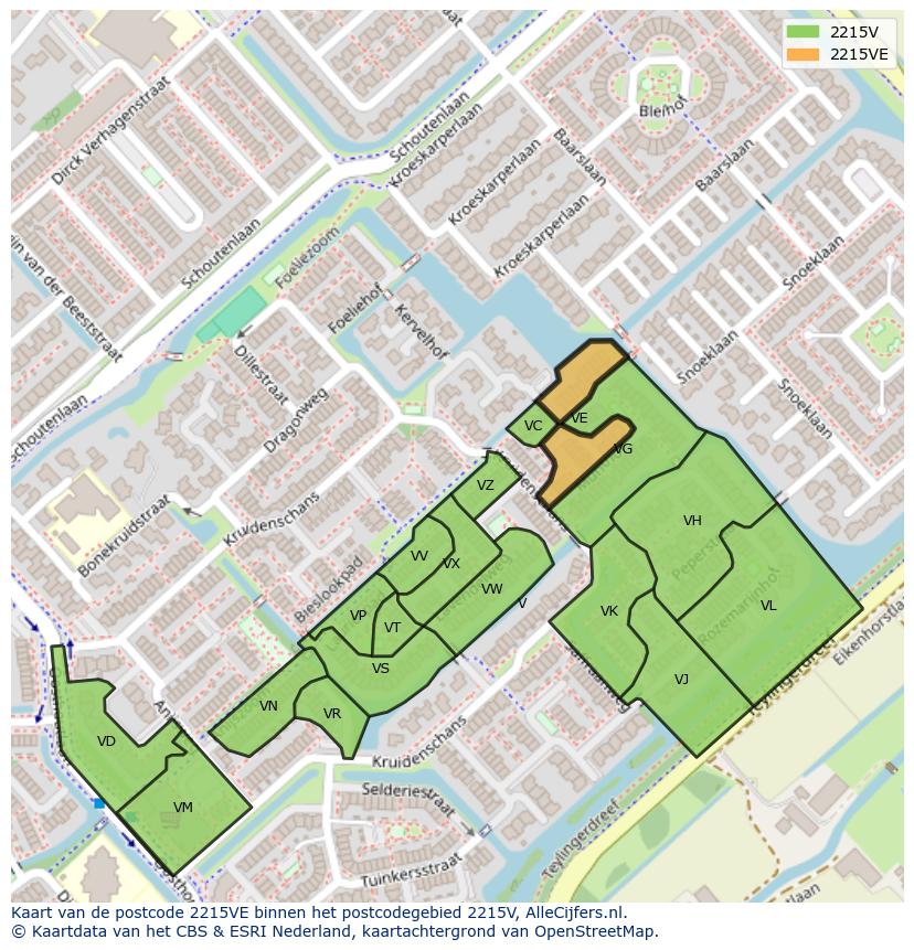 Afbeelding van het postcodegebied 2215 VE op de kaart.