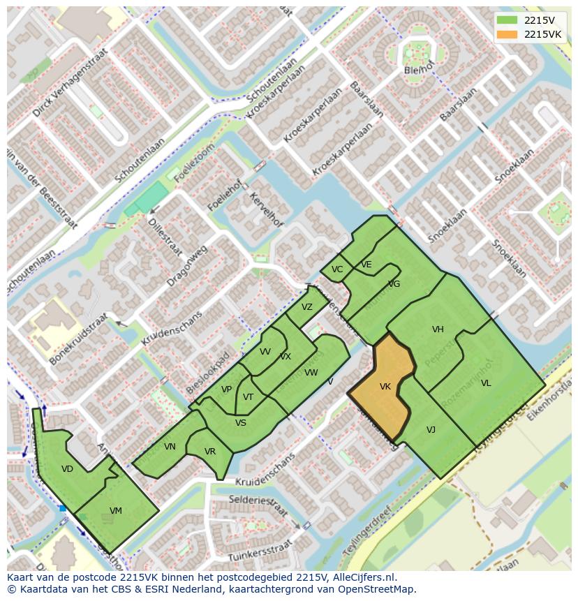Afbeelding van het postcodegebied 2215 VK op de kaart.