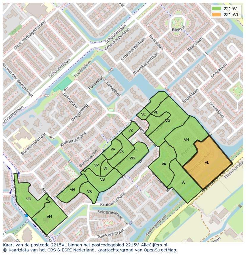 Afbeelding van het postcodegebied 2215 VL op de kaart.