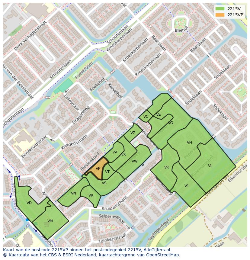 Afbeelding van het postcodegebied 2215 VP op de kaart.