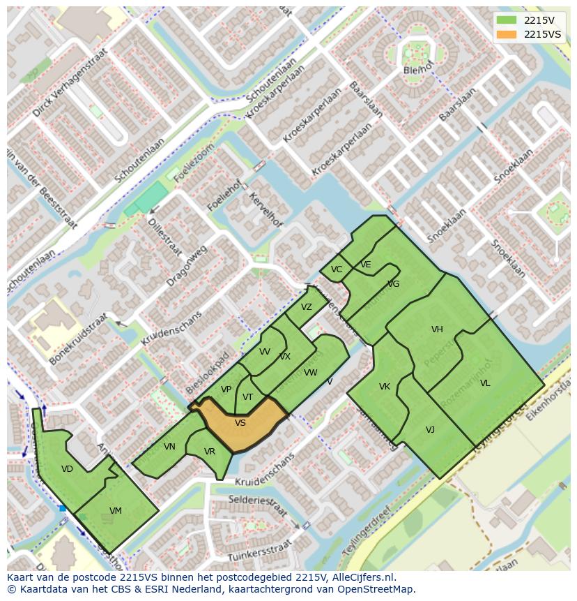 Afbeelding van het postcodegebied 2215 VS op de kaart.