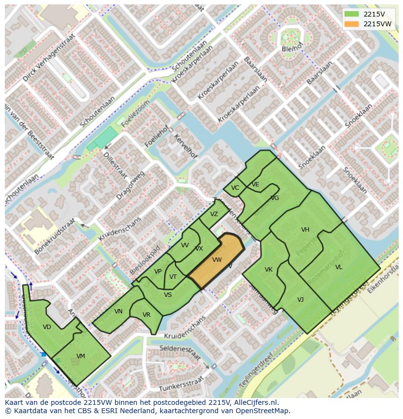 Afbeelding van het postcodegebied 2215 VW op de kaart.