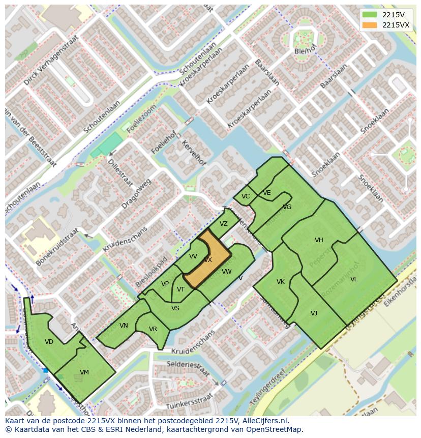 Afbeelding van het postcodegebied 2215 VX op de kaart.