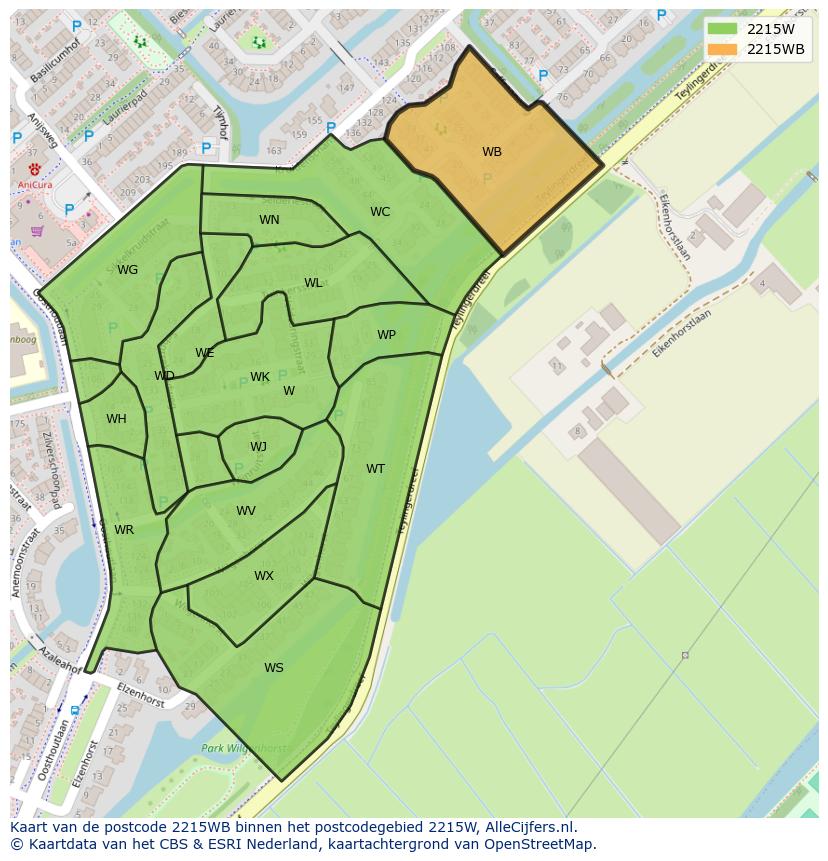Afbeelding van het postcodegebied 2215 WB op de kaart.
