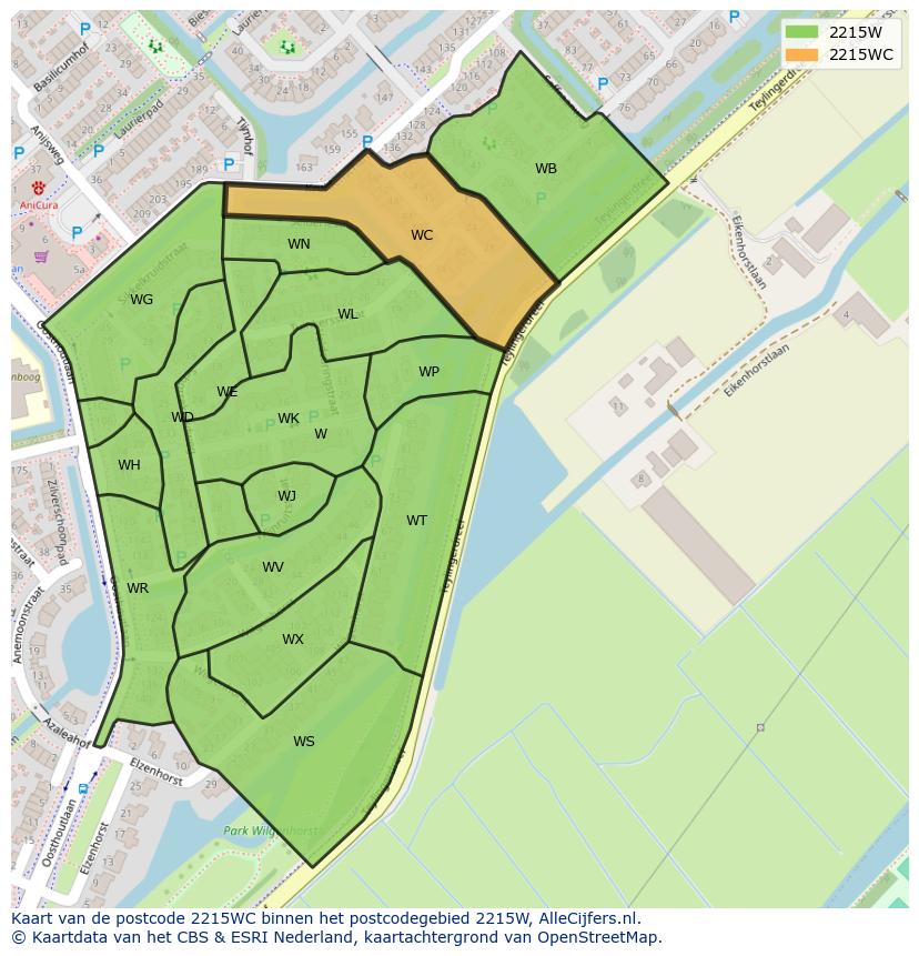 Afbeelding van het postcodegebied 2215 WC op de kaart.
