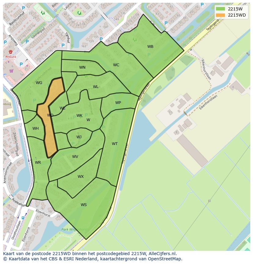 Afbeelding van het postcodegebied 2215 WD op de kaart.