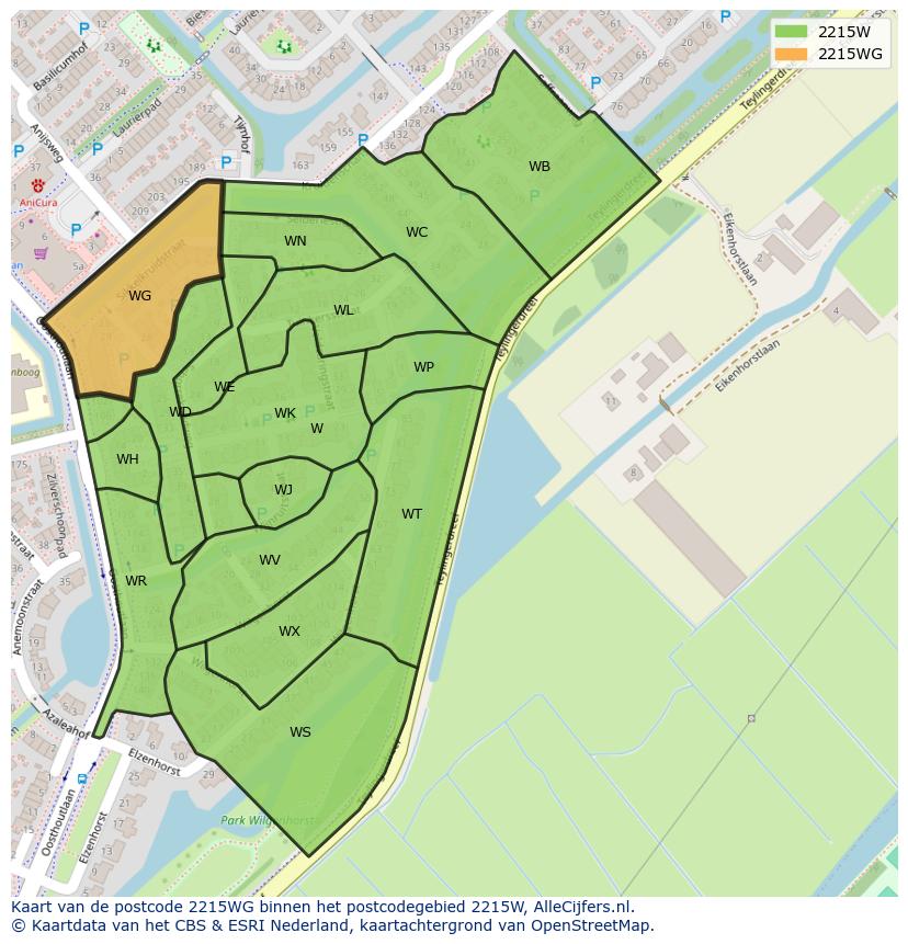 Afbeelding van het postcodegebied 2215 WG op de kaart.