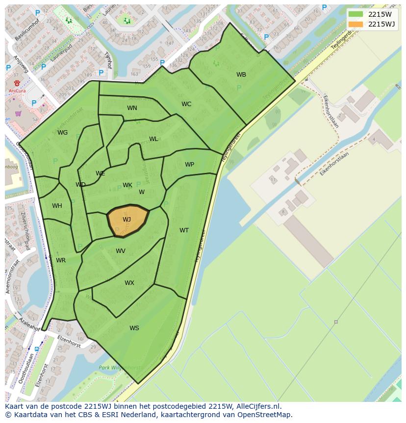 Afbeelding van het postcodegebied 2215 WJ op de kaart.