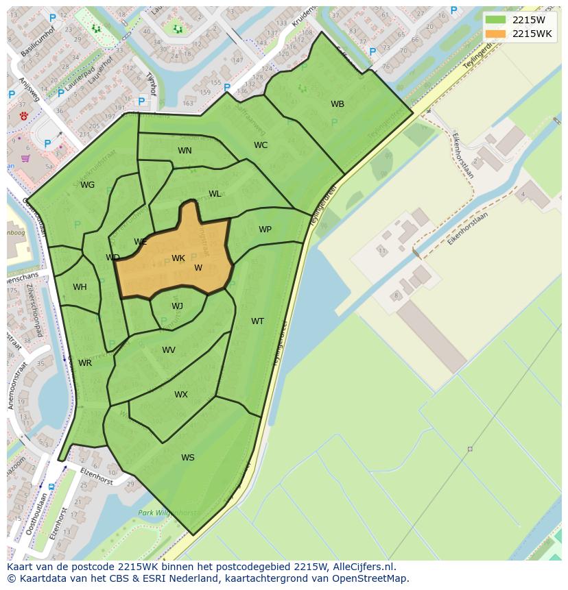 Afbeelding van het postcodegebied 2215 WK op de kaart.