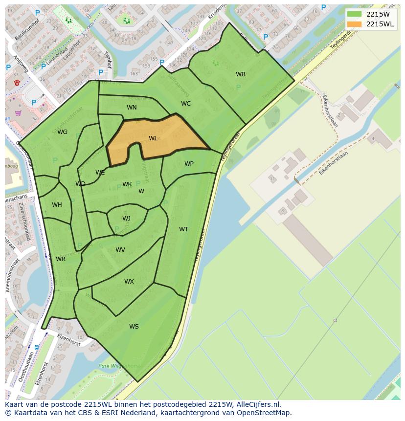 Afbeelding van het postcodegebied 2215 WL op de kaart.
