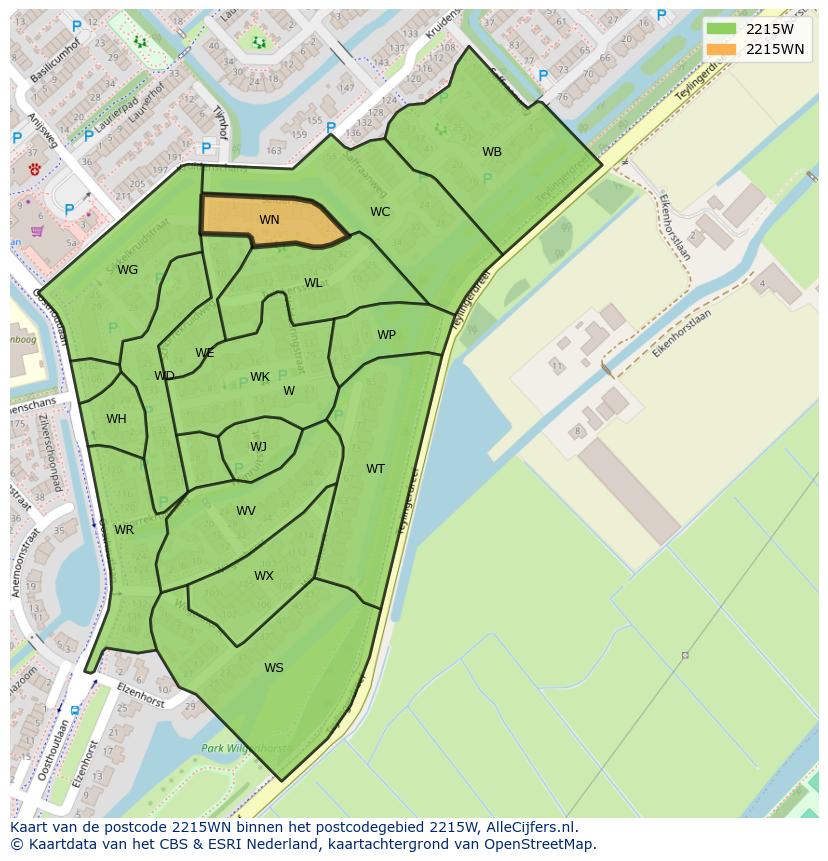 Afbeelding van het postcodegebied 2215 WN op de kaart.