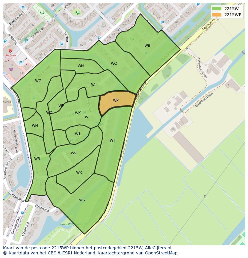 Afbeelding van het postcodegebied 2215 WP op de kaart.