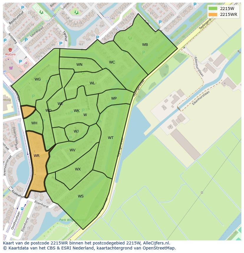 Afbeelding van het postcodegebied 2215 WR op de kaart.