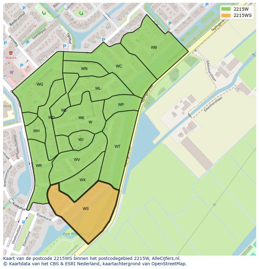Afbeelding van het postcodegebied 2215 WS op de kaart.