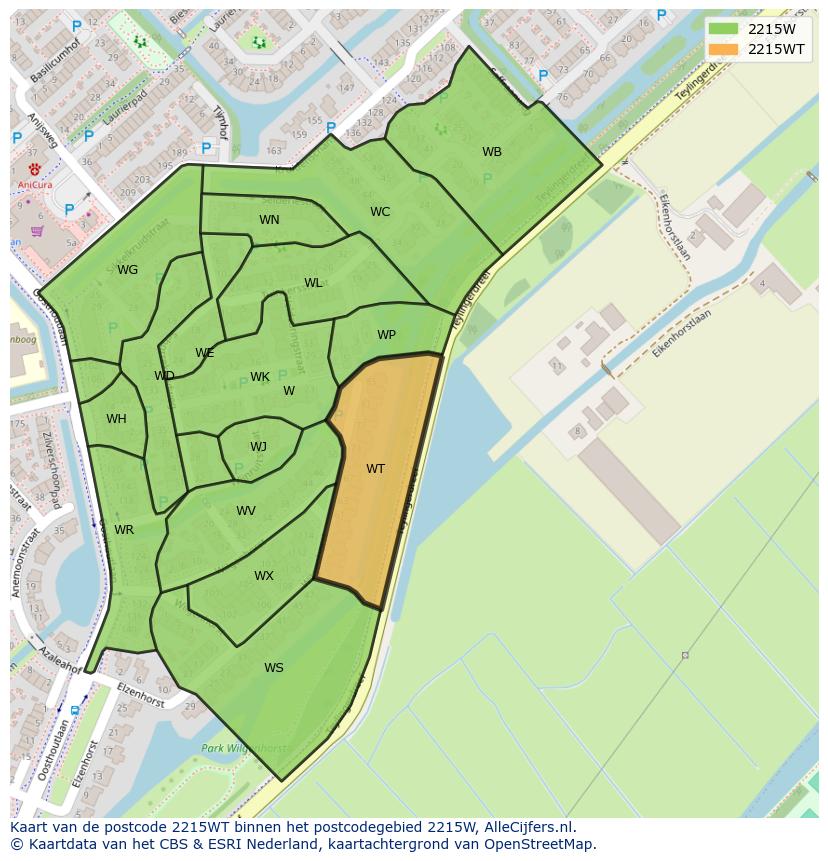 Afbeelding van het postcodegebied 2215 WT op de kaart.