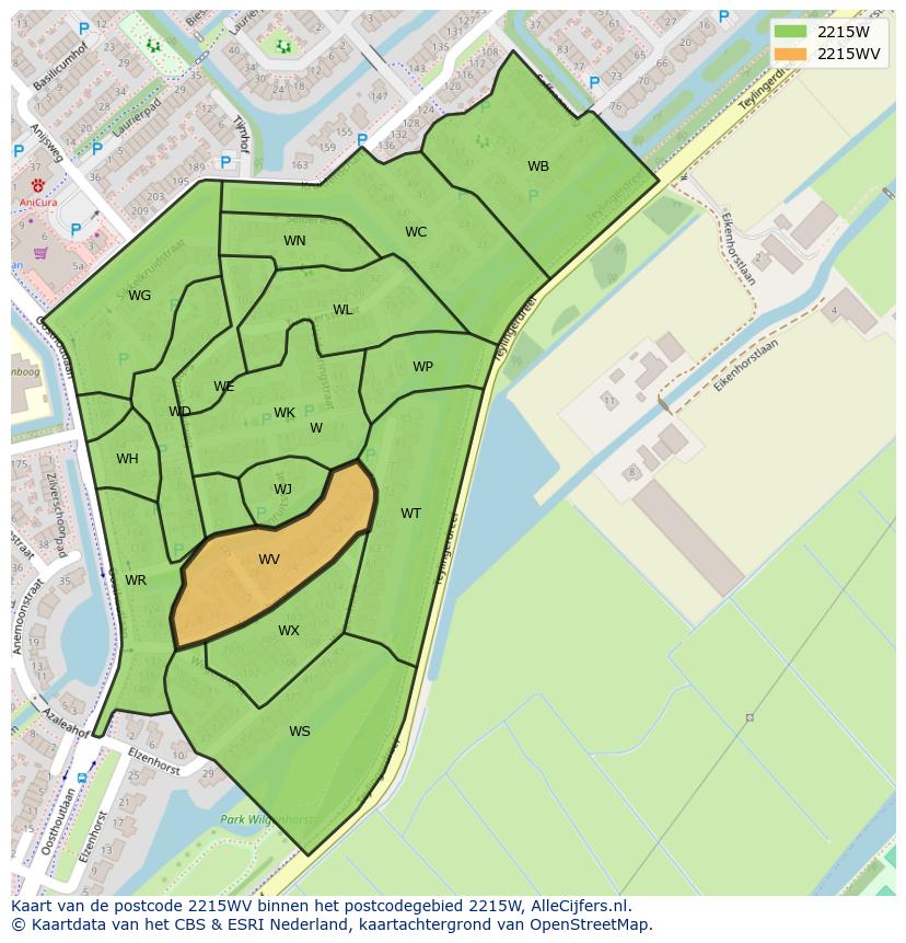 Afbeelding van het postcodegebied 2215 WV op de kaart.