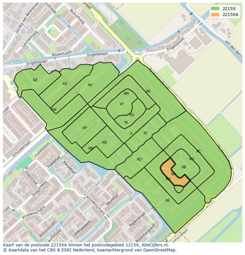 Afbeelding van het postcodegebied 2215 XA op de kaart.