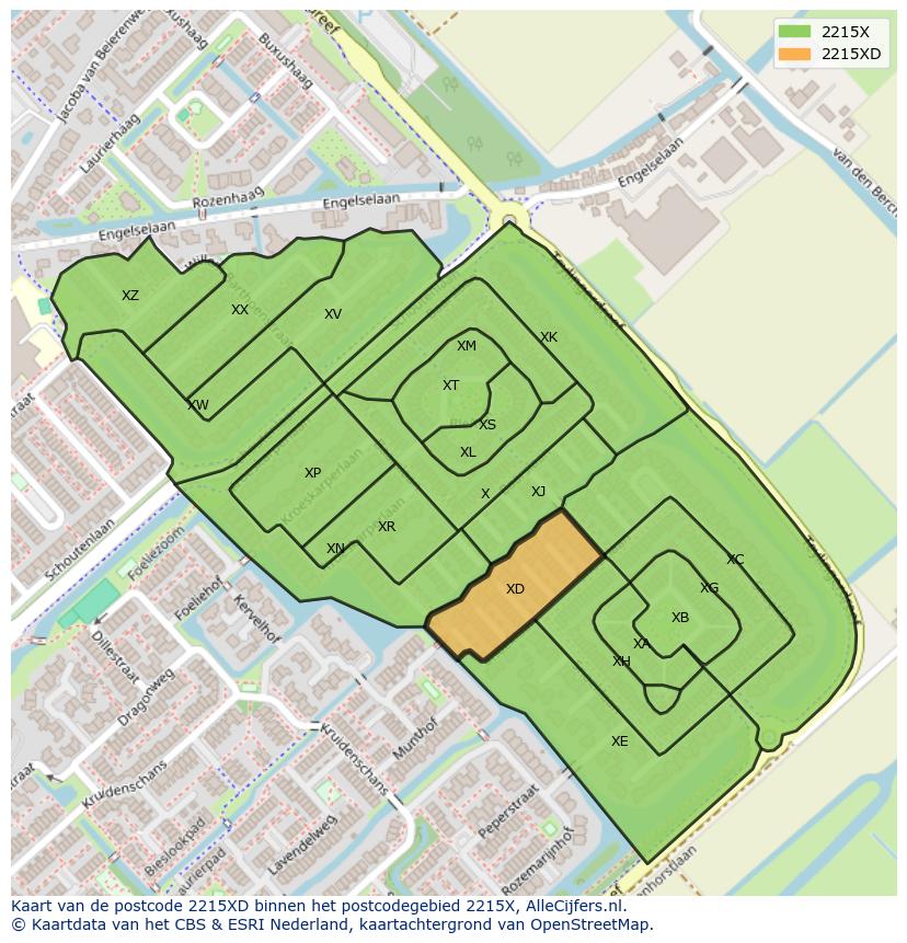 Afbeelding van het postcodegebied 2215 XD op de kaart.
