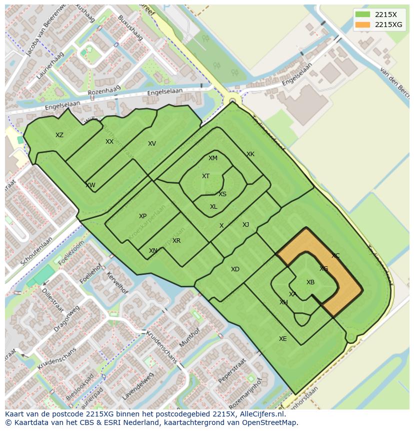 Afbeelding van het postcodegebied 2215 XG op de kaart.