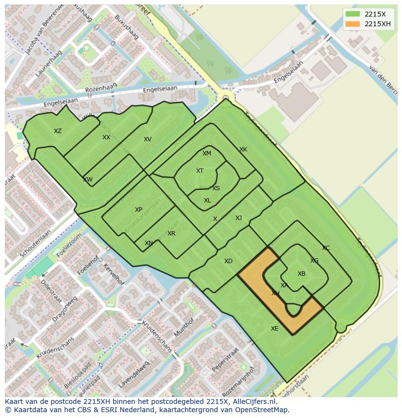 Afbeelding van het postcodegebied 2215 XH op de kaart.