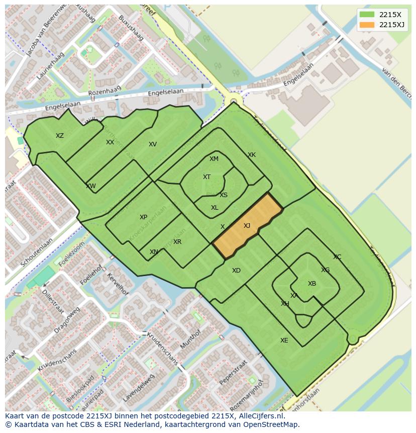 Afbeelding van het postcodegebied 2215 XJ op de kaart.