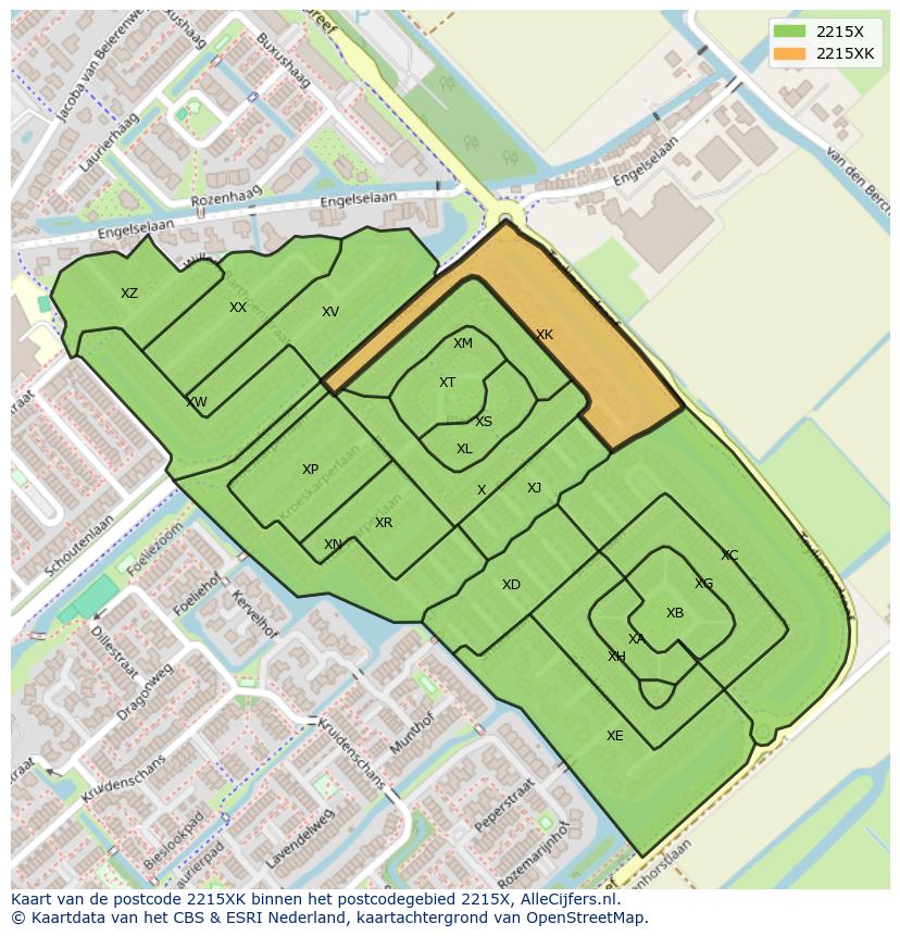 Afbeelding van het postcodegebied 2215 XK op de kaart.