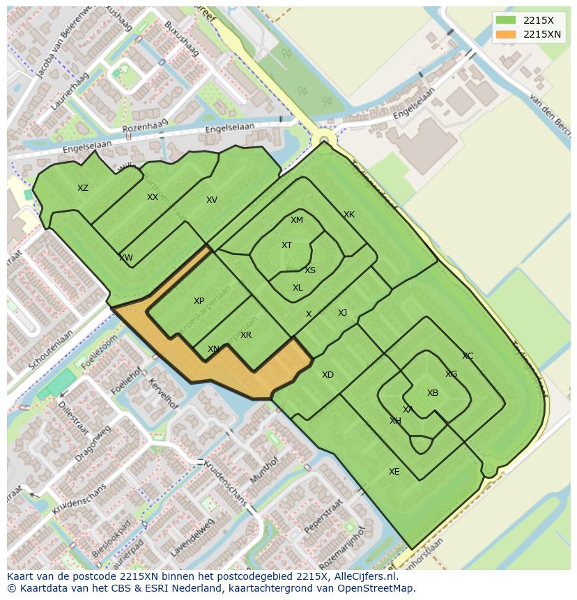 Afbeelding van het postcodegebied 2215 XN op de kaart.