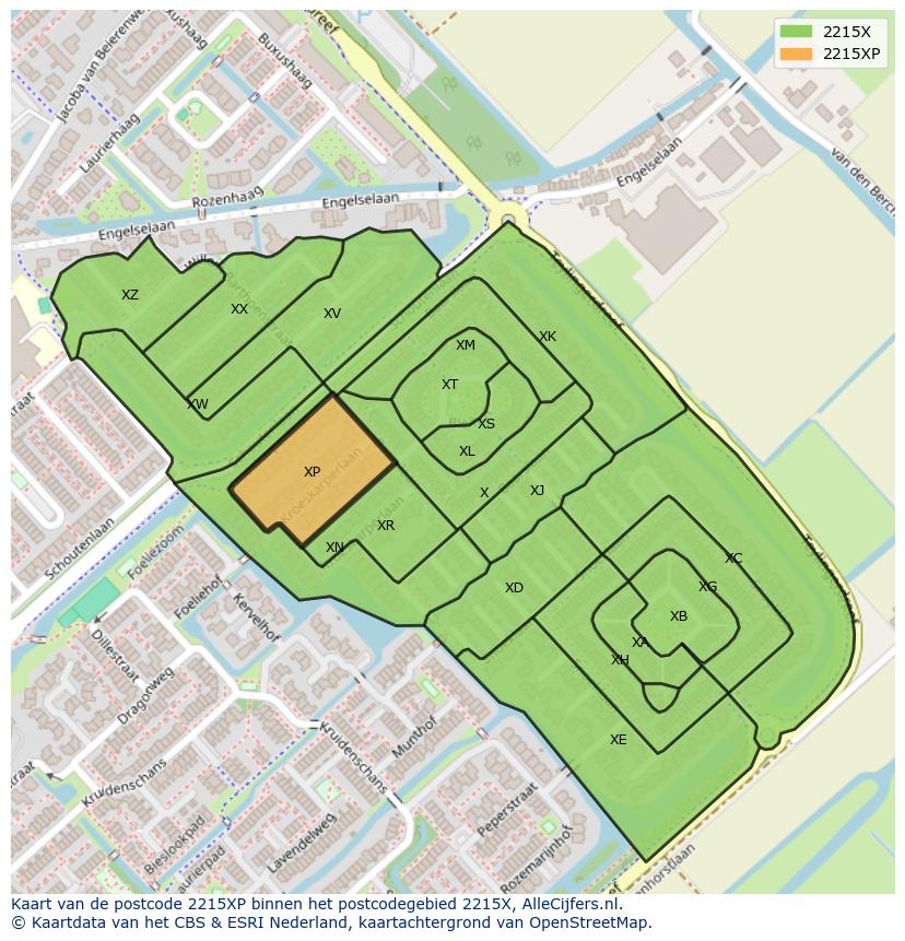 Afbeelding van het postcodegebied 2215 XP op de kaart.