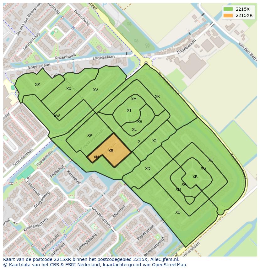 Afbeelding van het postcodegebied 2215 XR op de kaart.