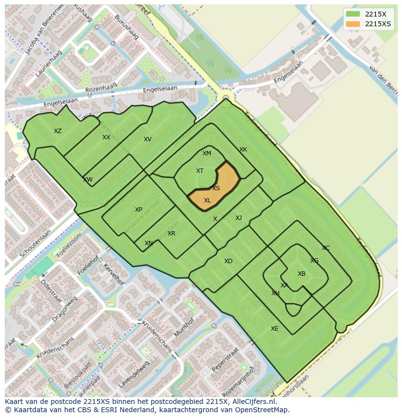 Afbeelding van het postcodegebied 2215 XS op de kaart.