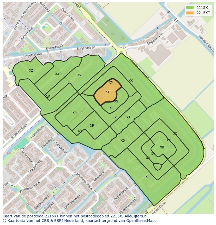 Afbeelding van het postcodegebied 2215 XT op de kaart.