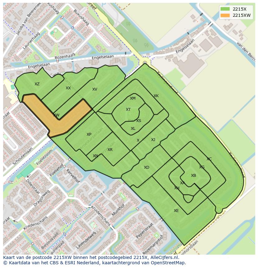 Afbeelding van het postcodegebied 2215 XW op de kaart.