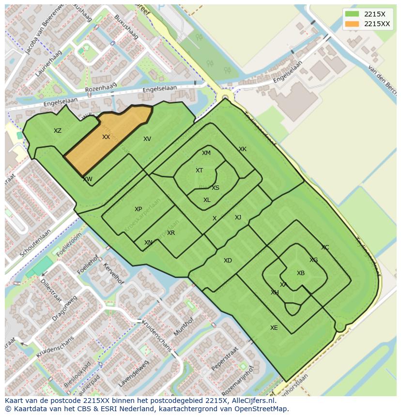 Afbeelding van het postcodegebied 2215 XX op de kaart.