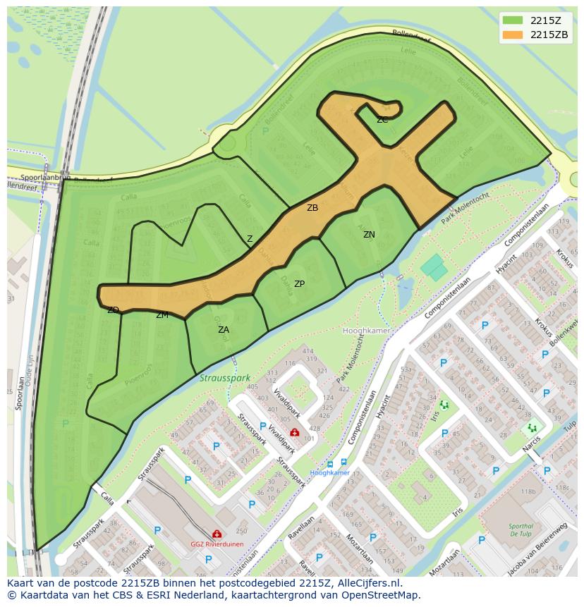 Afbeelding van het postcodegebied 2215 ZB op de kaart.