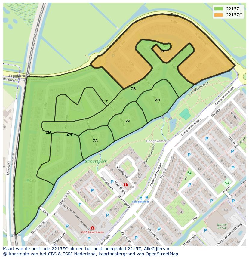 Afbeelding van het postcodegebied 2215 ZC op de kaart.