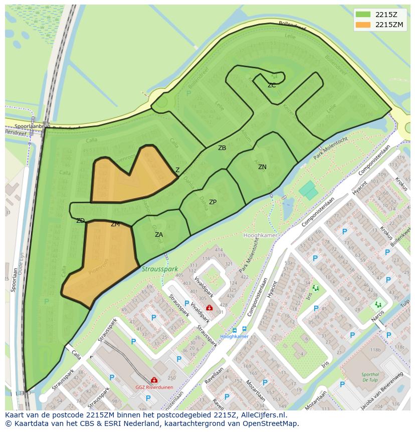 Afbeelding van het postcodegebied 2215 ZM op de kaart.