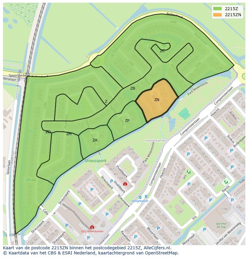Afbeelding van het postcodegebied 2215 ZN op de kaart.