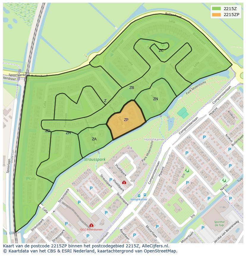 Afbeelding van het postcodegebied 2215 ZP op de kaart.